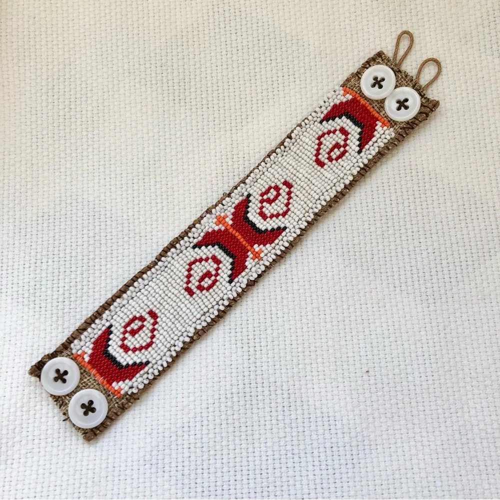 Artisan Hand-beaded Wide Cuff Bracelet butterfly and spiral design boho